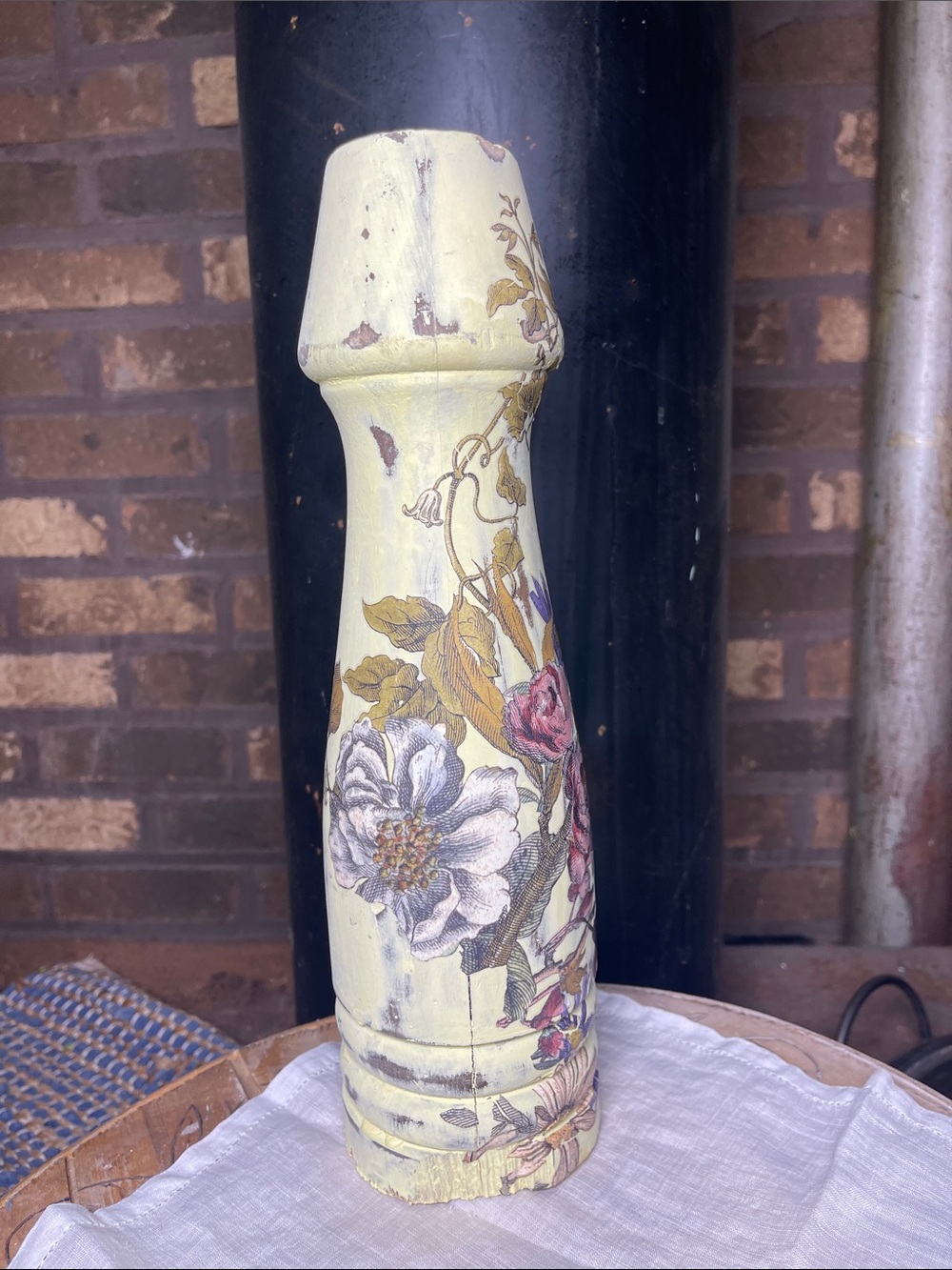 Handmade Bed Post Chippy Yellow Floral Decorative Pillar - 13” tall